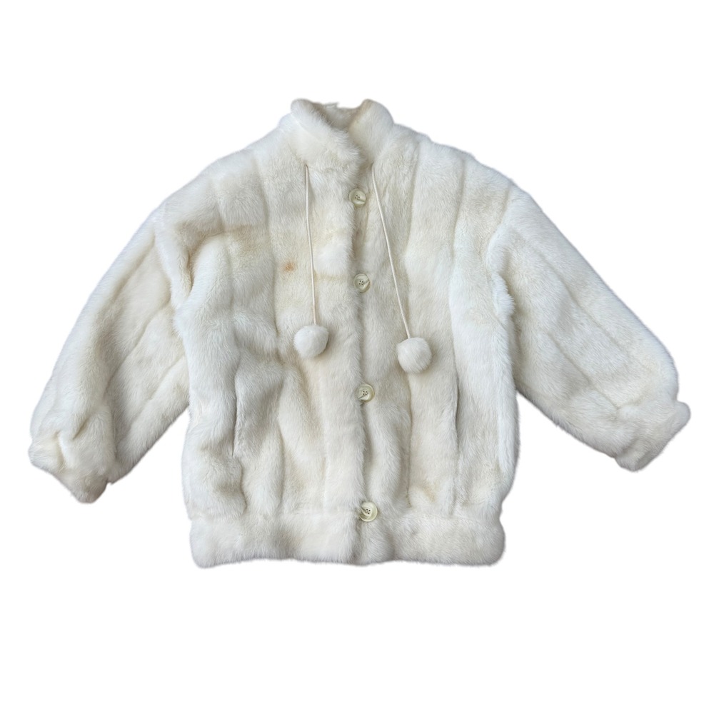 J Percy Marvin Richards Faux Fur Jacket Vintage Pom Pom Coat Small Cream White